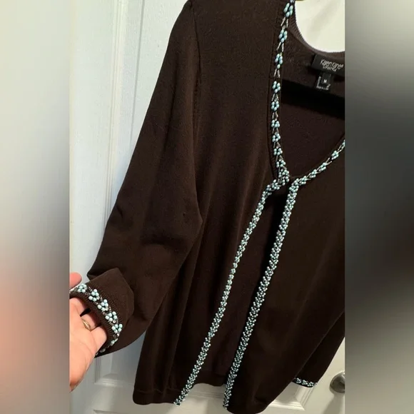 2 piece Karen Kane brown cardigan set - sweater size M, tank size M, teal beads - Picture 5 of 9